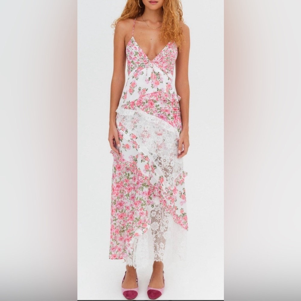 NWT For Love and Lemons Rosalyn Maxi Dress Pink White Tiered Tie Back Size XL